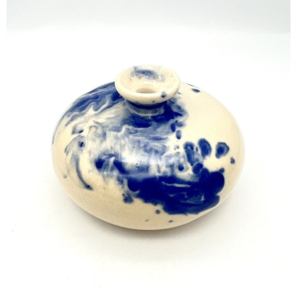 Art Pottery Bud Vase Oil Lamp Weed Pot Blue White Artist Signed R A Ceramic - Picture 3 of 8